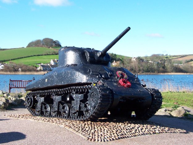 Sherman tank monument at Torcross, Devon, UK