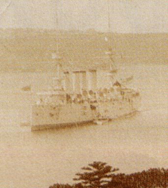 Warship, four funnels, Sydney harbour 1913
