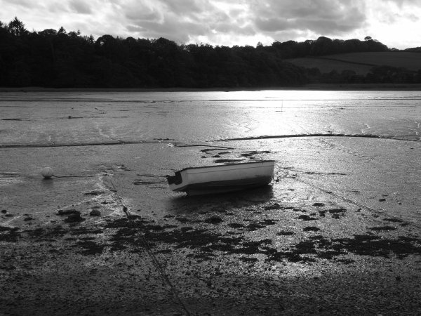 Boat at Devoran, Cornwall. Black & white mode on camera.