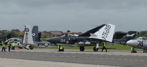 Sea Vixen (134) in front of Sea Hawk, both with wings folded